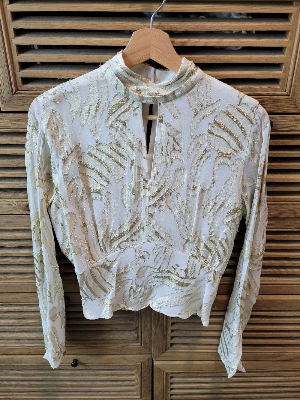 Parker White and Gold Metallic Pattern Mock Neck Blouse